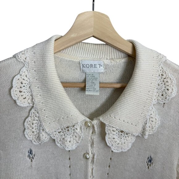 Vintage Dainty Embroidered Floral Crochet Collar Cardigan Cream S Cottagecore - Picture 5 of 8